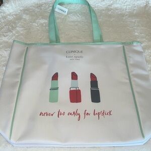 NWT Kate Spade x Clinique “Never Too Early For Lipstick” White/Green Large Tote
